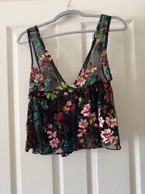 Floral Embroidered Black Mesh Crop Tank Junior size
